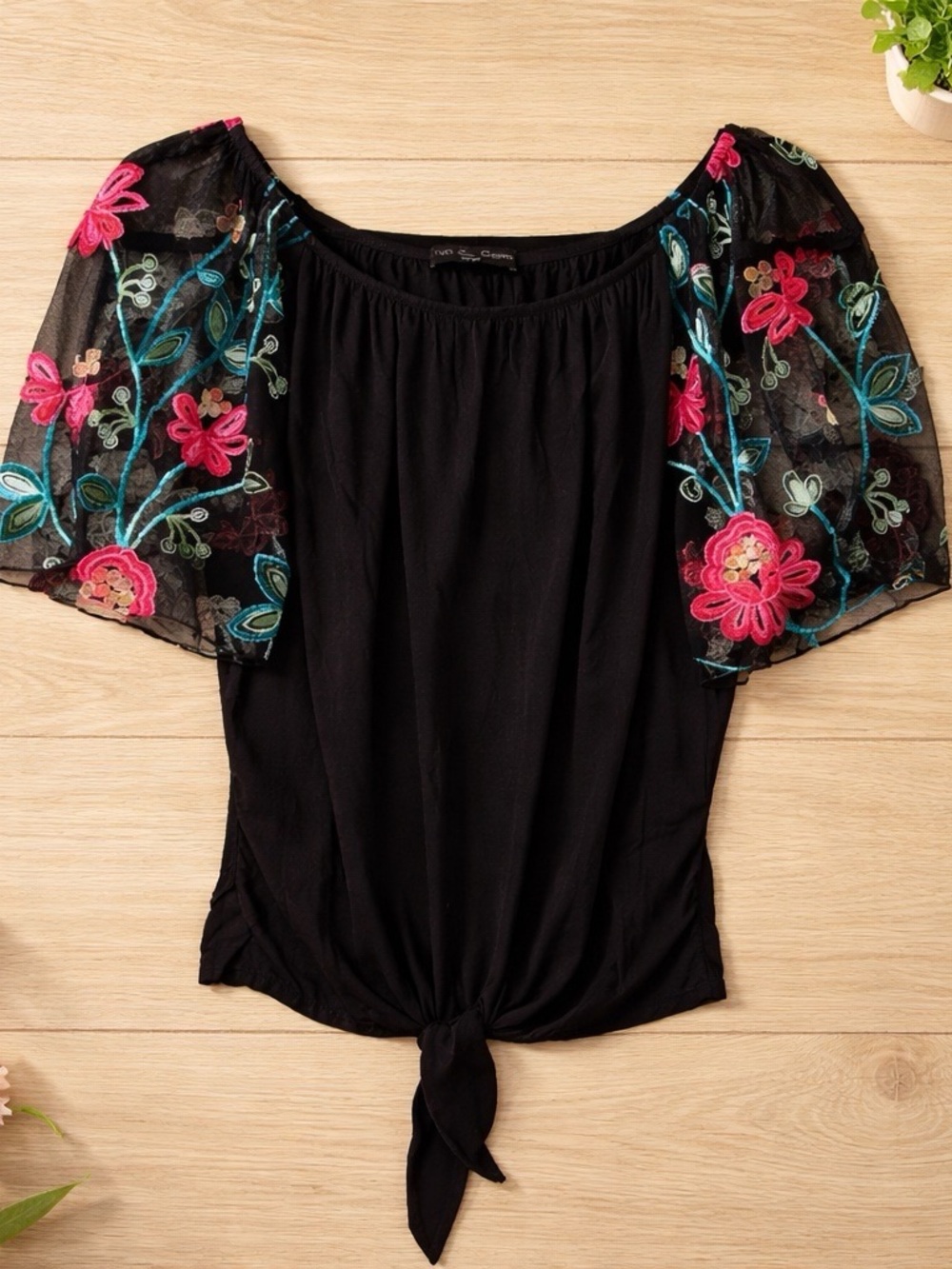 Black Tie-Front Top with Floral Embroidered Mesh Sleeves